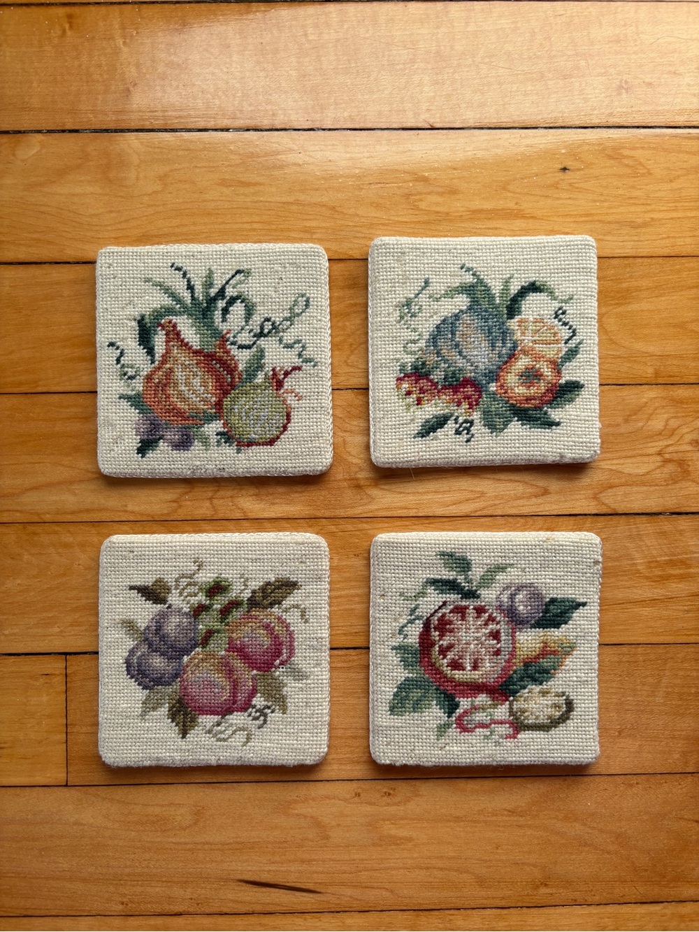EUC Vintage Handmade Needlepoint Coasters | Botanical Fruit & Vegetable Patterns